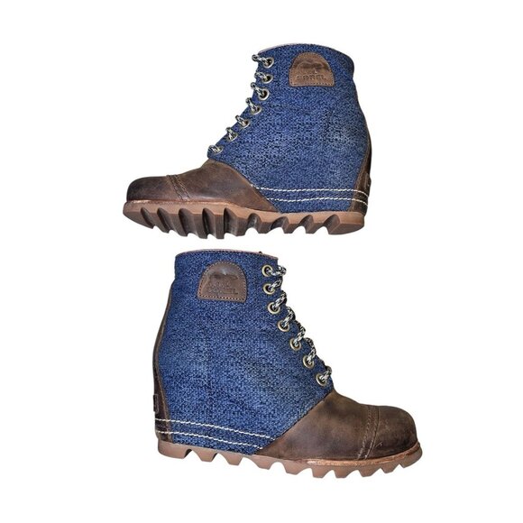 Sorel Joan Of Arctic Wedge Lexie Boots Lace Up Denim Blue Brown Women's Size 8 - Picture 6 of 8